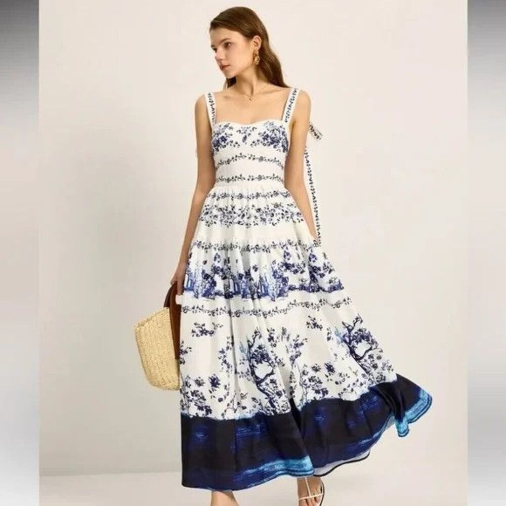 Commense Floral Print Tie-Strap Tiered Dress Size Large NWTs